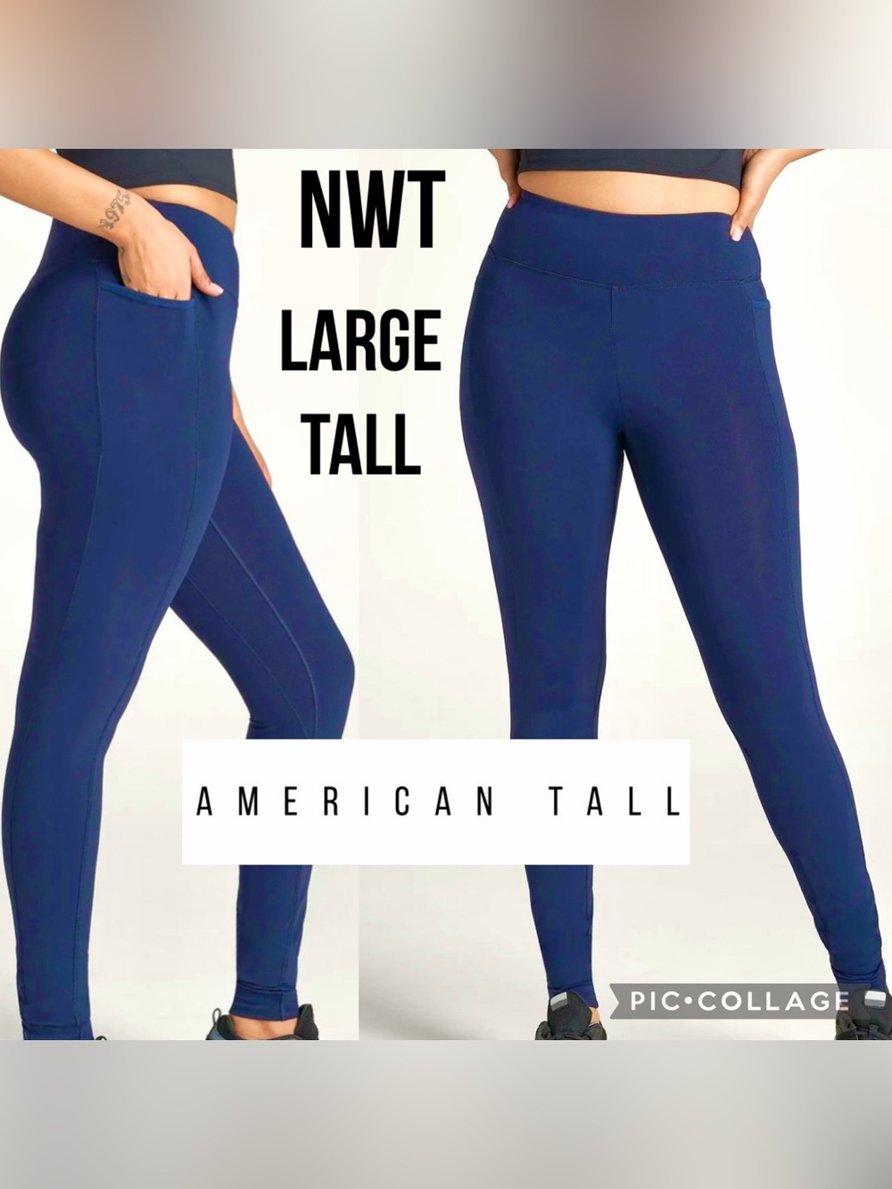 NWT American Tall Women’s Leggings Bella Outer Pocket Blue Workout Large Tall